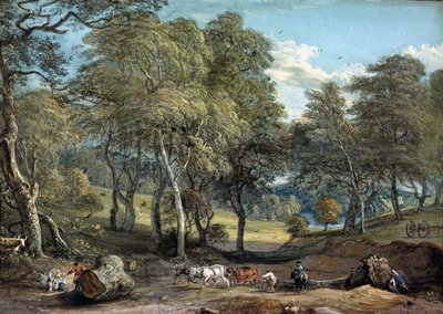 Windsor Forest mit Ochsen, die Holz ziehen, 1798 von Paul Sandby